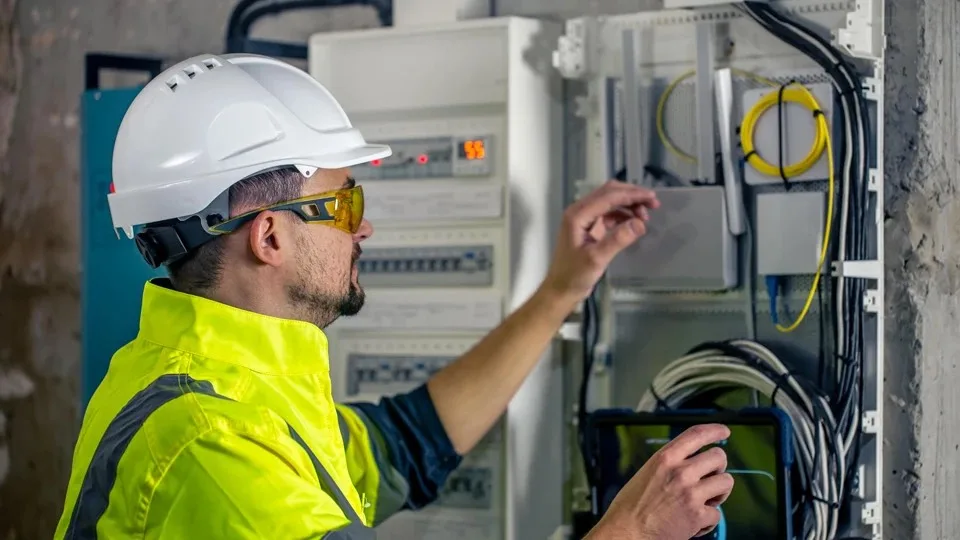 elektryk pracujący przy skrzynce elektrycznej